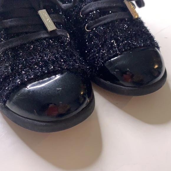 CHANEL CC BLACK METALLIC Shimmer tweed lace-up sneakers women’s size 37 shoes - Picture 4 of 14